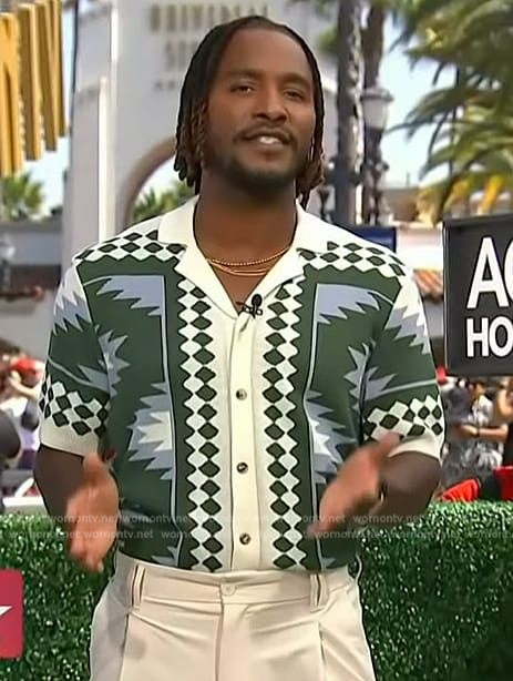 Scott’s white and green geometric print shirt on Access Hollywood