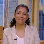 Shirleen’s beige double breasted denim blazer on Good Morning America