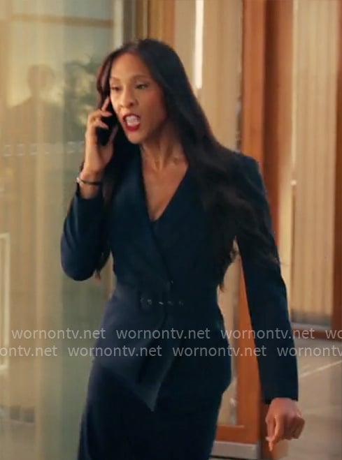 Sofia’s navy belted blazer and skirt suit on Loot