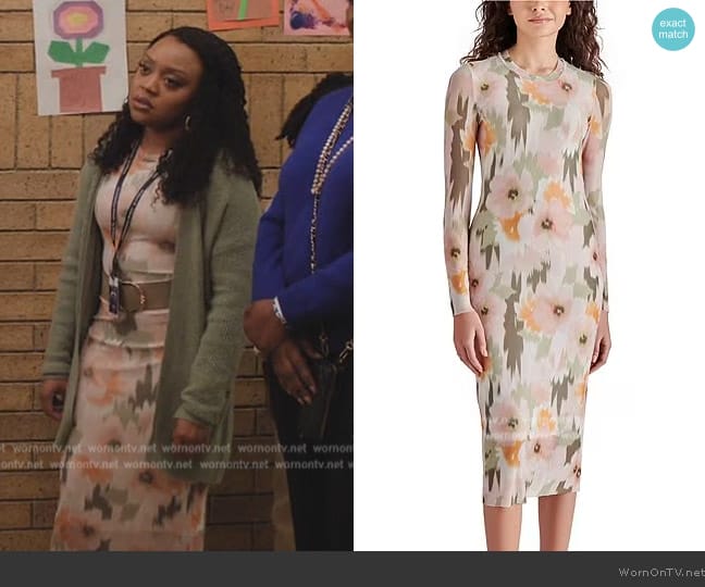 Steve Madden Hailee Floral Printed Mesh Crew Neck Long Sleeve Dress worn by Janine Teagues (Quinta Brunson) on Abbott Elementary