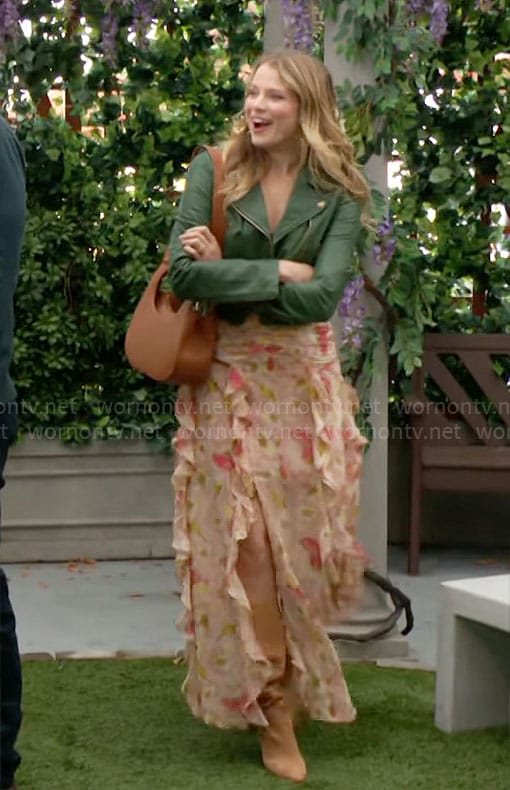 Summer’s floral maxi dress and green leather jacket on The Young and the Restless