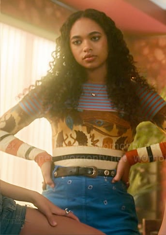 Tabby’s striped top and printed blue skirt on Pretty Little Liars Original Sin