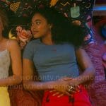 Tabby’s red bolt pants and blue ladybug tee on Pretty Little Liars Original Sin