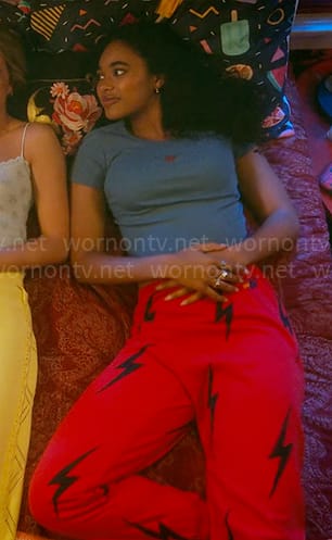 Tabby’s red bolt pants and blue ladybug tee on Pretty Little Liars Original Sin