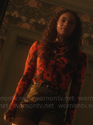 Tabby’s red abstract print top on Pretty Little Liars Original Sin