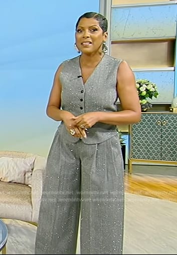 Tamron’s gray metallic vest and pants on Tamron Hall Show