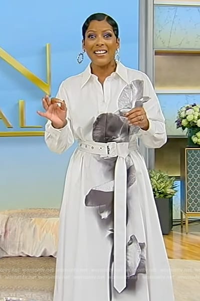 Tamron’s white floral print shirtdress on Tamron Hall Show