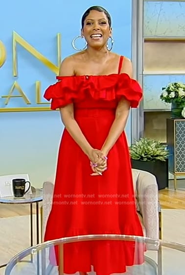 Tamron’s red ruffle belted dress on Tamron Hall Show