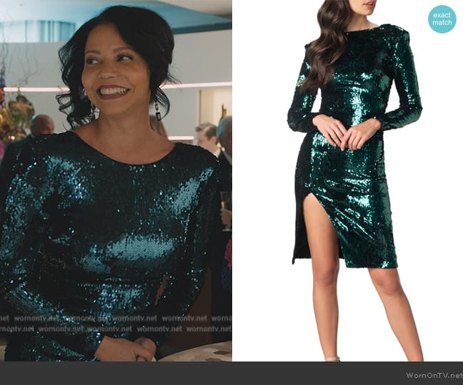 Dress the Population Natalie Sequin Long Sleeve Midi Dress worn by Claudia Payne (Gloria Reubens) on Elsbeth