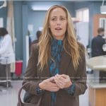 Teddy’s blue printed dress and brown top handle bag on Greys Anatomy
