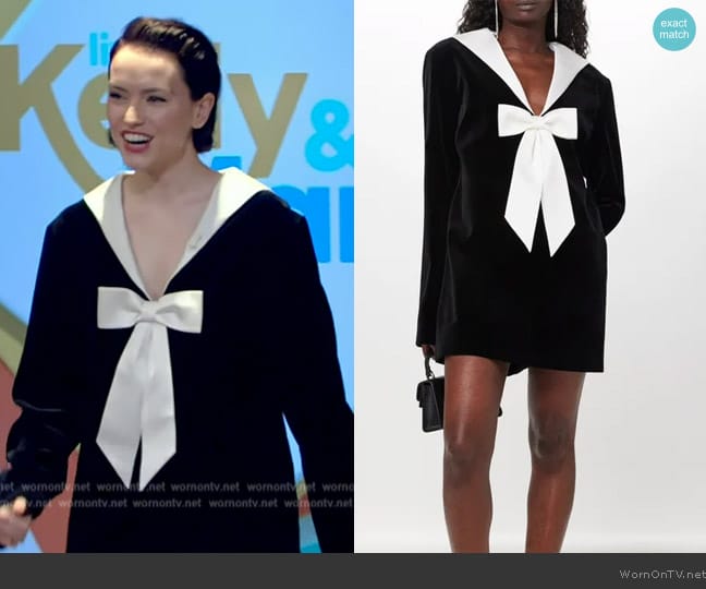 The Vampire's Wife The Vexation bow-appliqué velvet mini dress worn by Daisy Ridley on Live with Kelly and Mark