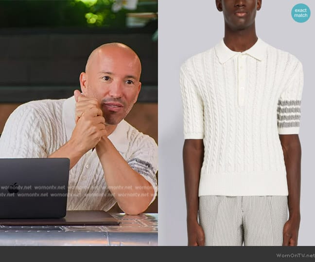 Thom Browne White Cotton 4 Bar Cable Knit Polo worn by (Jason Oppenheim) on Selling the OC