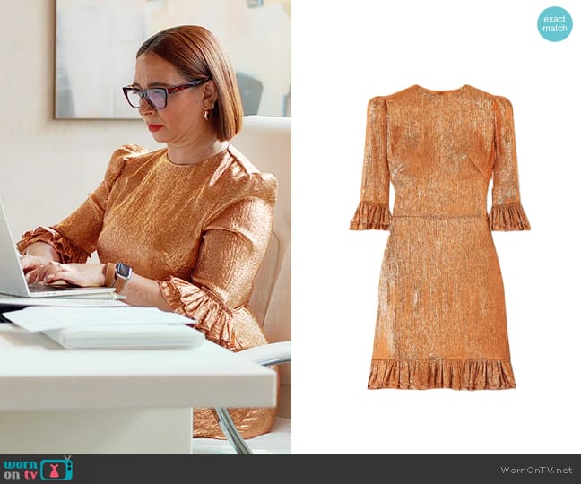 The Vampire's Wife The Falconetti ruffled wool-blend lamé mini dress worn by Molly Novak (Maya Rudolph) on Loot