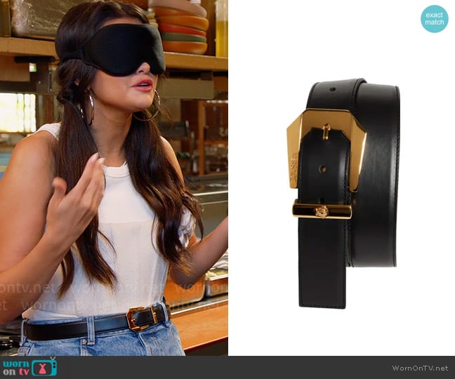 Versace Western Buckle Leather Belt worn by Selena Gomez on Selena + Restaurant