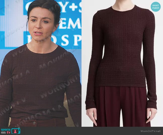 Vince Plaid-Jacquard Long-Sleeve Top in Black fig worn by Amelia Shepherd (Caterina Scorsone) on Greys Anatomy