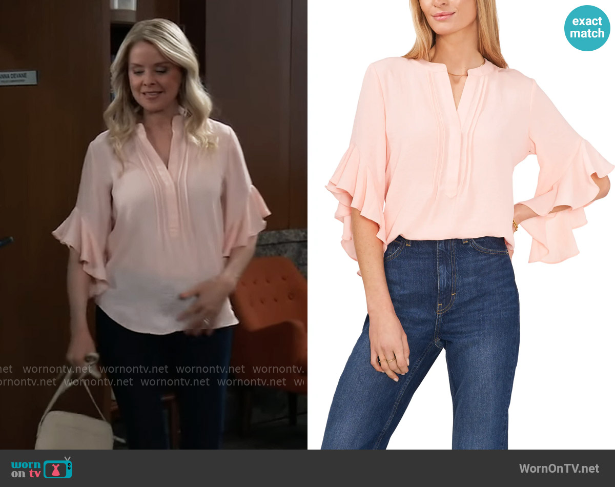 Vince Camuto Pintuck Flutter Sleeve Blouse in Soft Peony worn by Felicia Scorpio (Kristina Wagner) on General Hospital