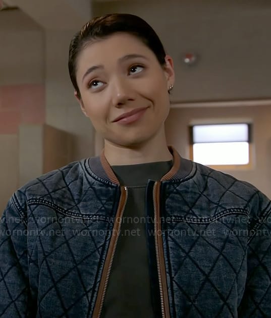 Violet’s quilted denim bomber jacket on Chicago Fire