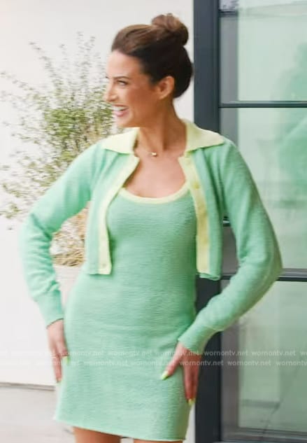 Polly’s mint textured dress and cardigan on Selling the OC
