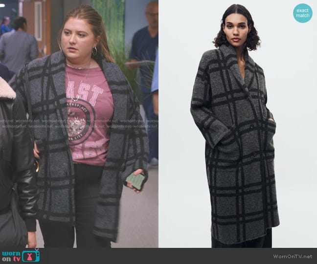 Zara Plaid Knit Jacquard Coat worn by Taryn Helm (Jaicy Elliot) on Greys Anatomy