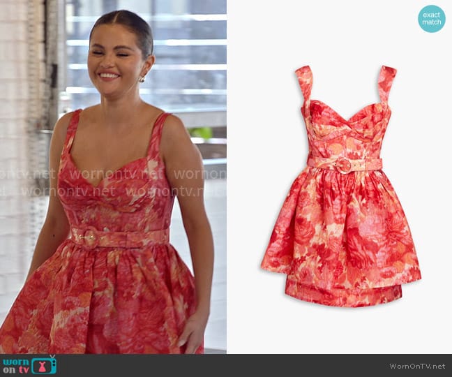 Zimmermann Belted floral-print linen and silk-blend peplum mini dress worn by Selena Gomez on Selena + Restaurant