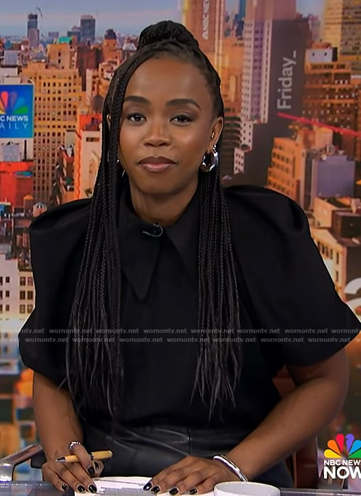 Zinhle’s black collared puff sleeve blouse on NBC News Daily