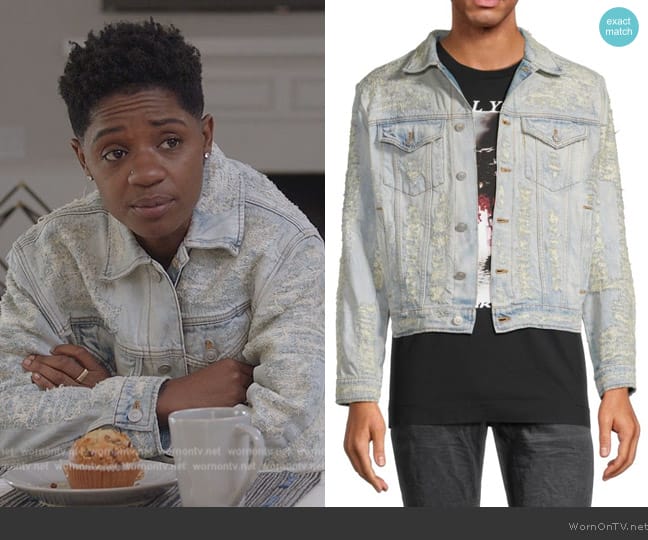 1017 Alyx 9sm Distressed Long-Sleeved Denim Jacket worn by Tamia Cooper (Bre Z) on All American