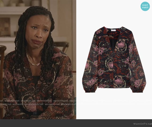A.L.C. Mac printed metallic silk-blend chiffon blouse worn by Grace James (Karimah Westbrook) on All American