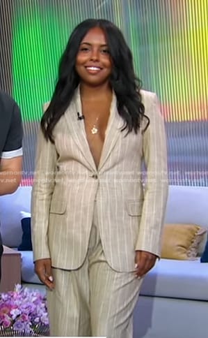 Adrienne Warren’s beige pinstripe blazer and pant suit on Good Morning America
