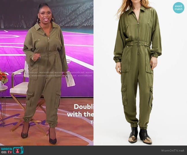 All Saints Frieda Long Sleeve Denim Jumpsuit in Khaki Green worn by Jennifer Hudson on The Jennifer Hudson Show