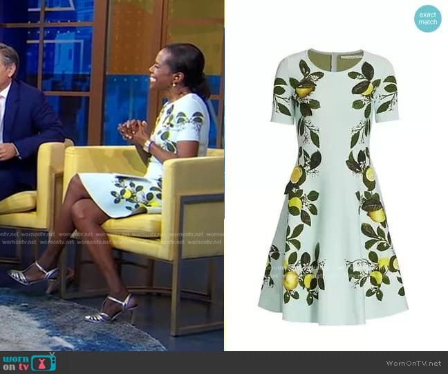 Oscar de la Renta Citrus Primavera Jacquard Fit-&-Flare Dress worn by Deborah Roberts on Good Morning America