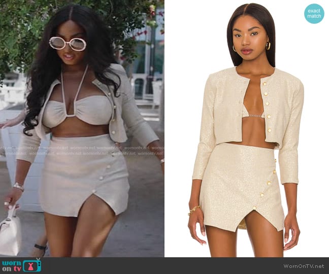 Devon Windsor Sasha Jacket in Champagne worn by Lesa Milan (Lesa Milan) on The Real Housewives of Dubai