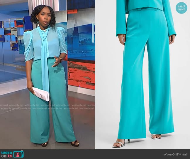 French Connection Echo Crepe Wide Leg Trousers in Jaded Teal worn by Zinhle Essamuah on NBC News Daily