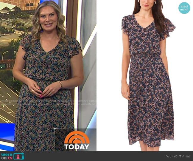 Chaus Floral Smocked Waist Flutter Sleeve Midi Dress worn by Emily West on Today