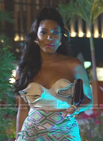 Lesa’s beige rosette cropped top on The Real Housewives of Dubai