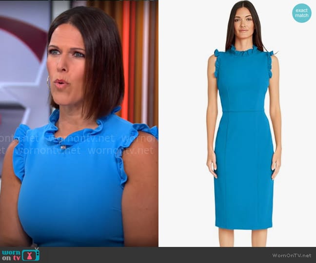 Maggy London Ruffle Mock Neck Sheath Dress in Malibu Blue worn by Dana Jacobson on CBS Mornings
