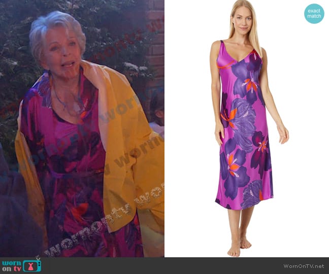 N Natori Majestic Orchid Gown in Plum Multi worn by Julie Olson Williams (Susan Seaforth Hayes) on Days of our Lives
