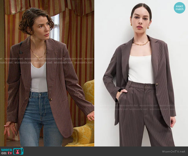 Reformation The Classic Relaxed Blazer in Chocolate Stripe worn by Sarah Horton (Linsey Godfrey) on Days of our Lives