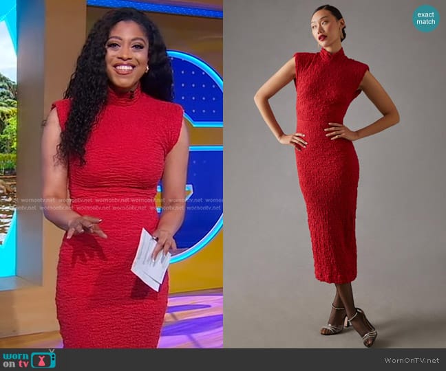 Sabina Musayev Mock Neck Midi Dress in Red worn by Morgan Norwood on Good Morning America