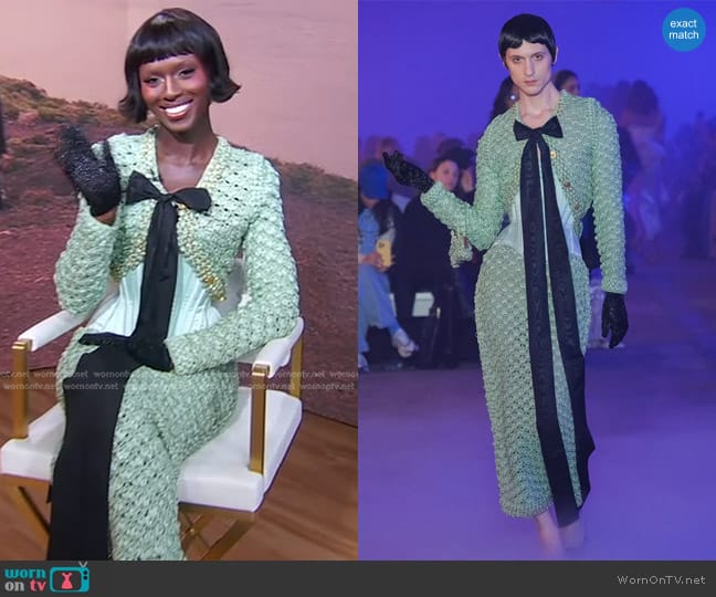 Wiederhoeft Crochet Cardigan Bolero Silk Top worn by Jodie Turner-Smith on Good Morning America