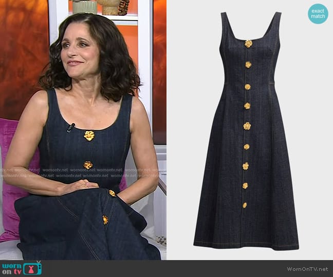 Adam Lippes Sculpted Button Stretch Denim Midi Dress in Indigo worn by Julia Louis-Dreyfus on Today