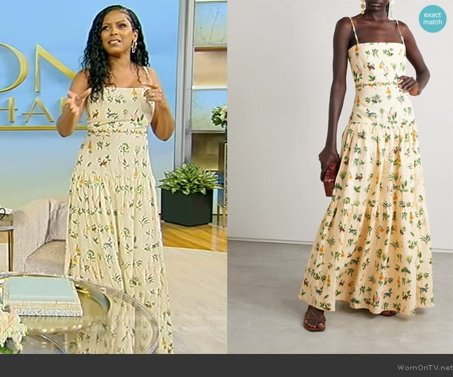 Agua by Agua Bendita Lima tiered floral-print linen maxi dress worn by Tamron Hall on Tamron Hall Show