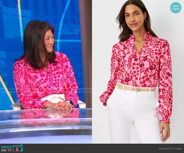Ann Taylor Floral Ruffle Button Top in Peppermint Stick worn by Juju Chang on Good Morning America
