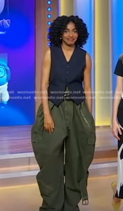 Ayo Edebiri’s navy vest and green balloon pants on Good Morning America
