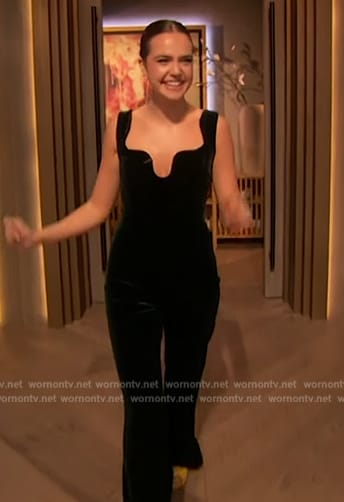 Bailee Madison’s velvet sleeveless jumpsuit on The Drew Barrymore Show
