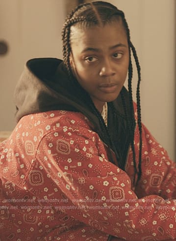 Britney’s red bandana print padded jacket on The Chi