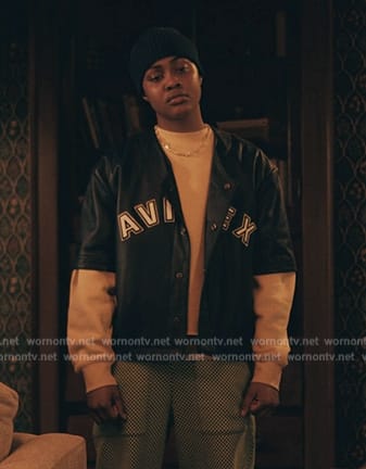 Brittany’s blue Avirex logo leather shirt on The Chi