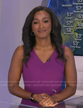 Brittany Bell’s purple v-neck belted dress on Good Morning America