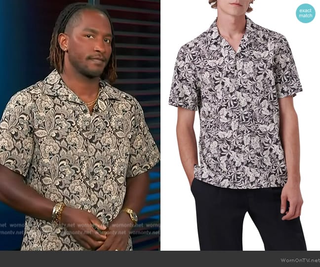 Bugatchi Shaped Fit Print Stretch Cotton Short Sleeve Button-Up Shirt worn by Scott Evans on Access Hollywood