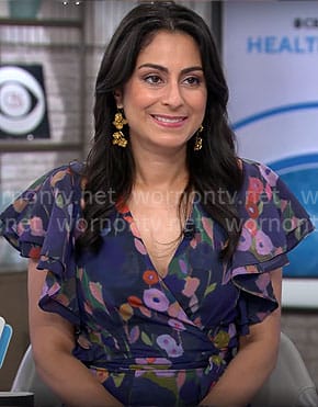 Dr Celine Gounder’s blue floral wrap dress on CBS Mornings