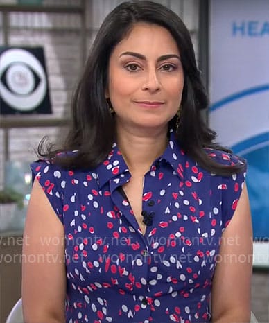 Dr Celine Gounder’s blue dotted print dress on CBS Mornings